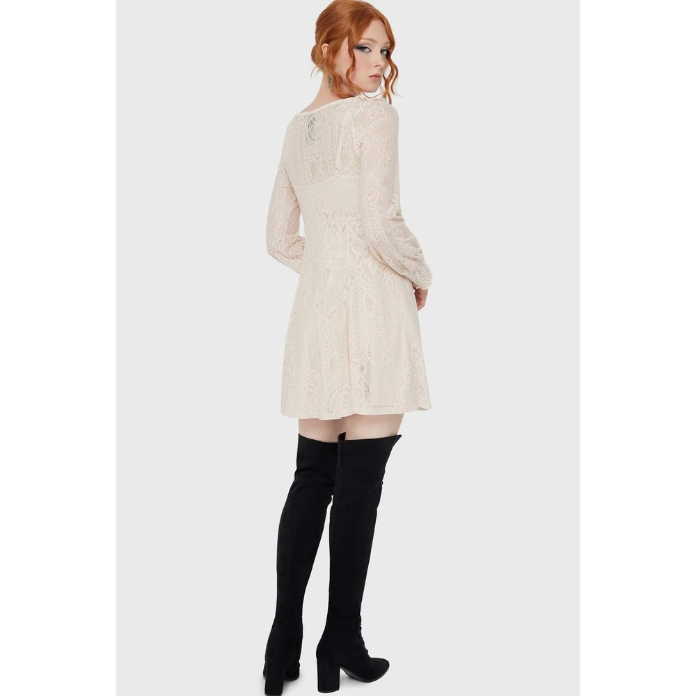 Killstar Cybele Cream Lace Ruffle V-Neck Button Front Long Sleeve Mini Dress - Picture 4 of 5
